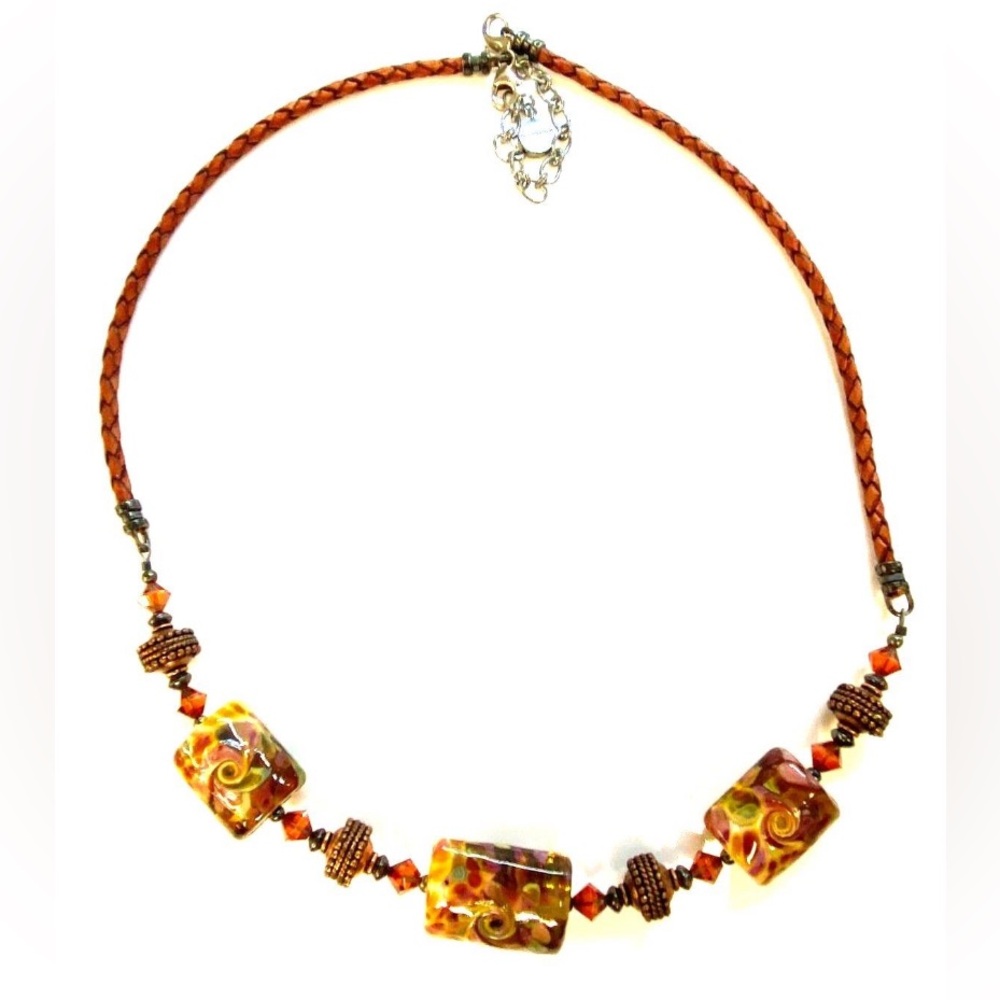 925 Vintage Millefiori Style Whimsy Swirl Sterling Silver Clasp Leather Necklace